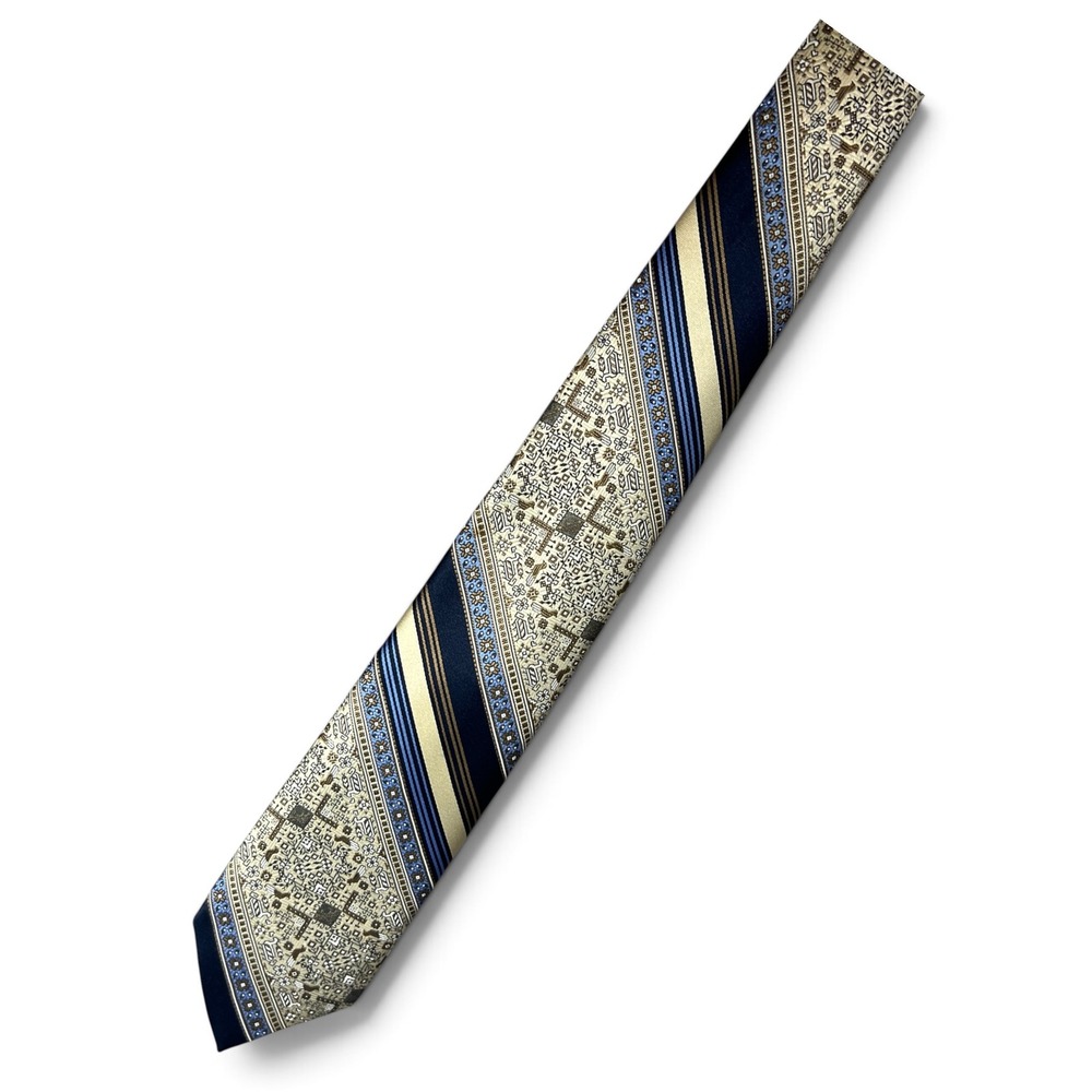 1970s Designer Collection Navy Blue Cream Tan Striped Geometric Floral Tie 4x57"